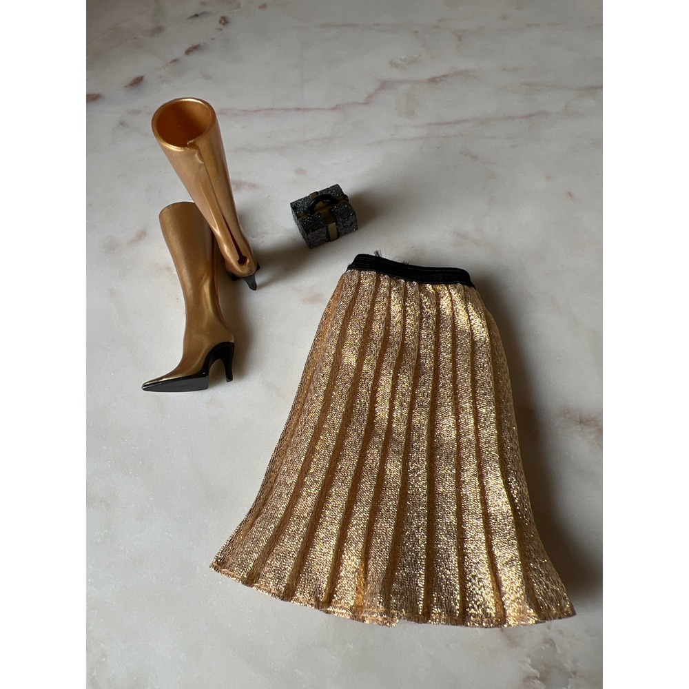 Fashion Doll Vintage-Style Gold Stiletto Knee-High Doll Boots and Gold Skirt